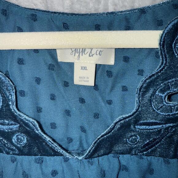 NWT Style & Co 3/4 Sleeve Swiss Dots Teal Bluei Peasant Boho Sheer Blouse XXL - Picture 3 of 7